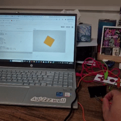 Tapping the binder clip connected to the RIGHT - on the Makey Makey increases the rotation of the orange square, making it spin more in that direction.