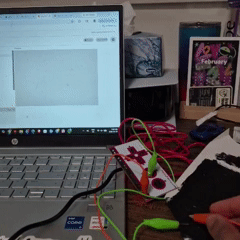 Pressing the graphite surface connected to the SPACEBAR on the makey makey triggers a burst of colorful confetti that spreads across the screen.